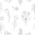 Seamless pattern spring black and white colors flowers insects vector illustration Royalty Free Stock Photo